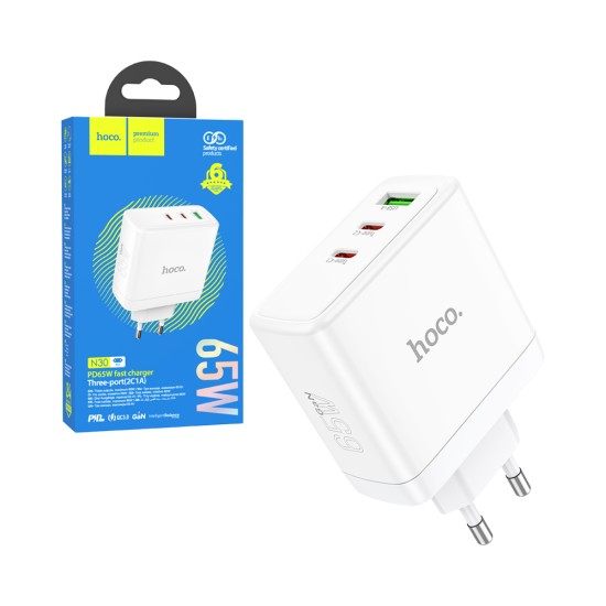 Adaptadores Hoco N30 Glory PD65W 2C1A USB+Duplo Tipo-C Branco